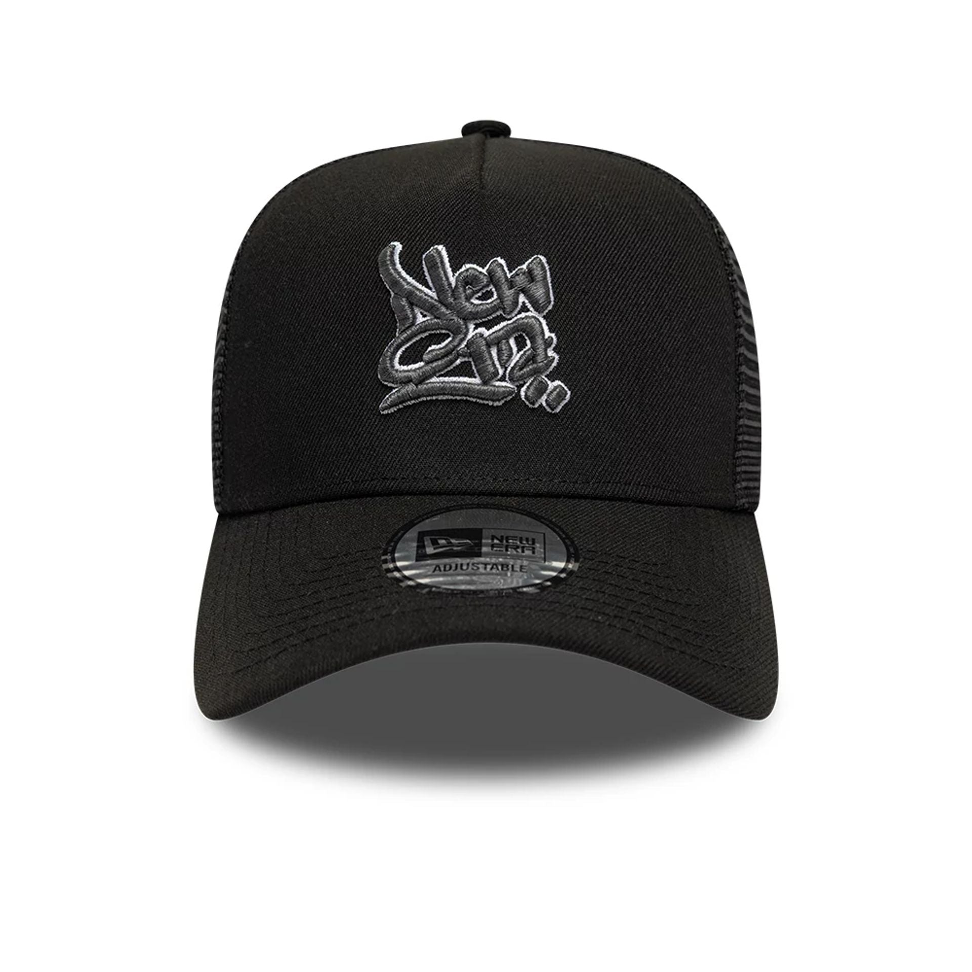 Pictured is this New Era Wall Art Grafitti 9FORTY A-Frame Trucker cap in black. 2