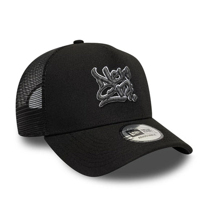 Pictured is this New Era Wall Art Grafitti 9FORTY A-Frame Trucker cap in black. 3