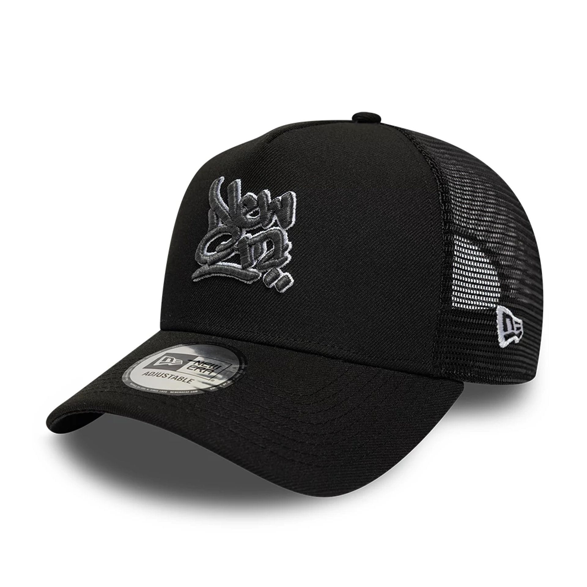 Pictured is this New Era Wall Art Grafitti 9FORTY A-Frame Trucker cap in black. 1