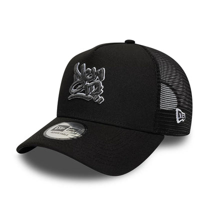 Pictured is this New Era Wall Art Grafitti 9FORTY A-Frame Trucker cap in black. 1