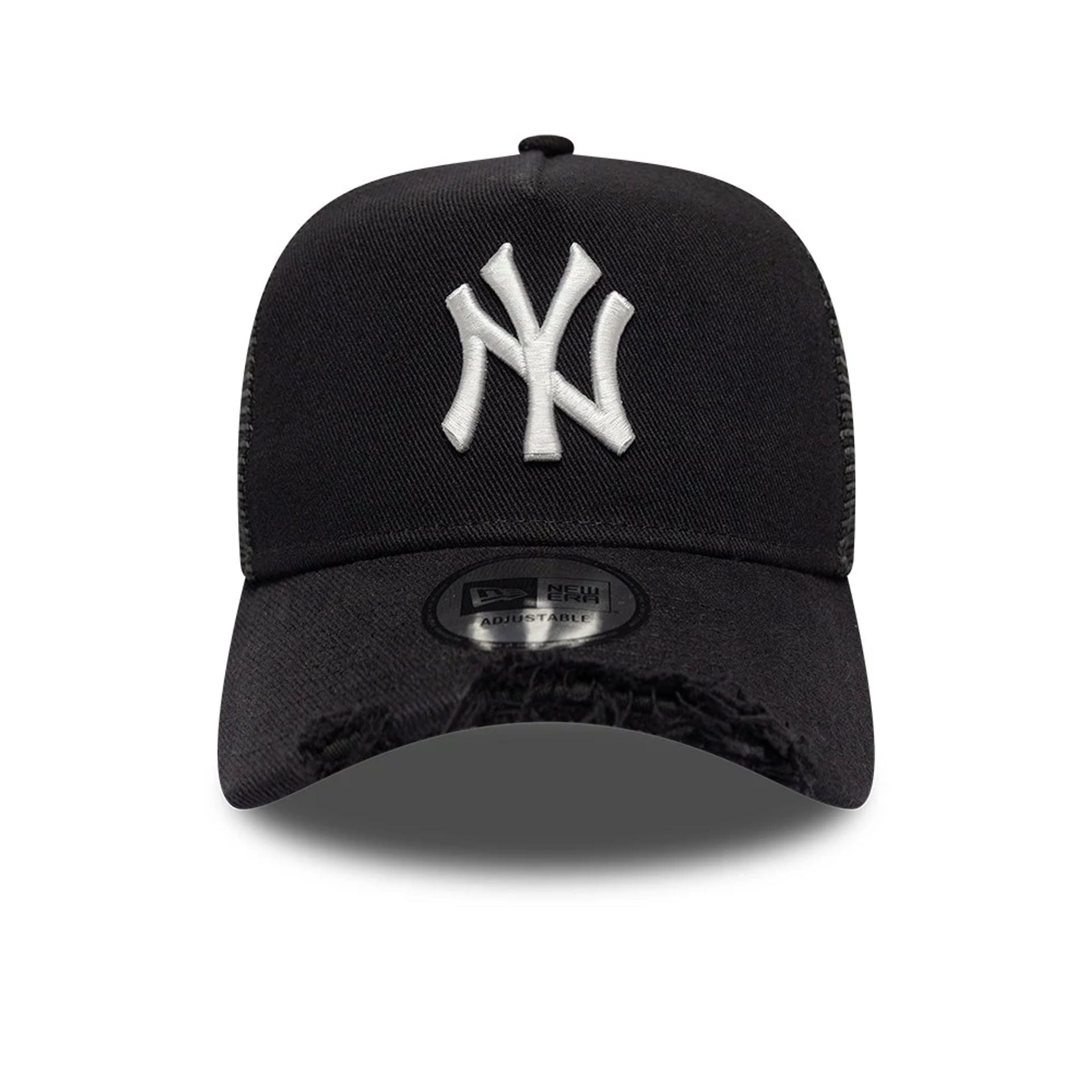 Pictured is this MLB Distressed New York Yankees 9FORTY A-Frame Trucker cap in black. 2