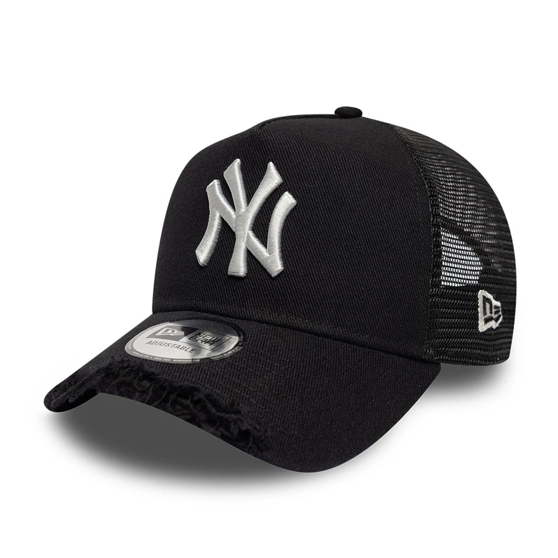 Pictured is this MLB Distressed New York Yankees 9FORTY A-Frame Trucker cap in black. 1