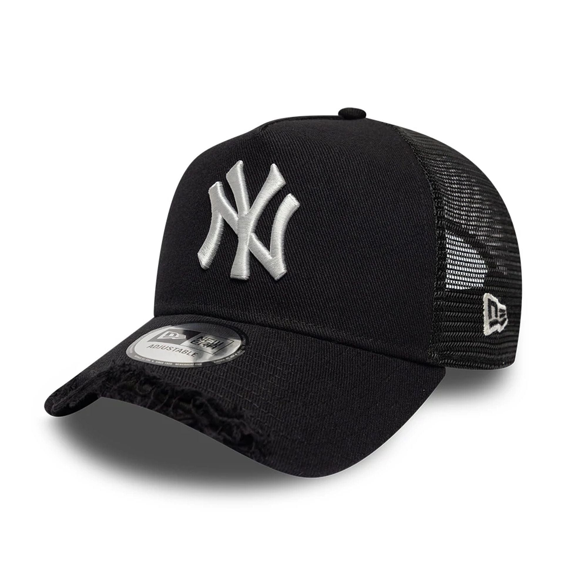 Pictured is this MLB Distressed New York Yankees 9FORTY A-Frame Trucker cap in black. 1
