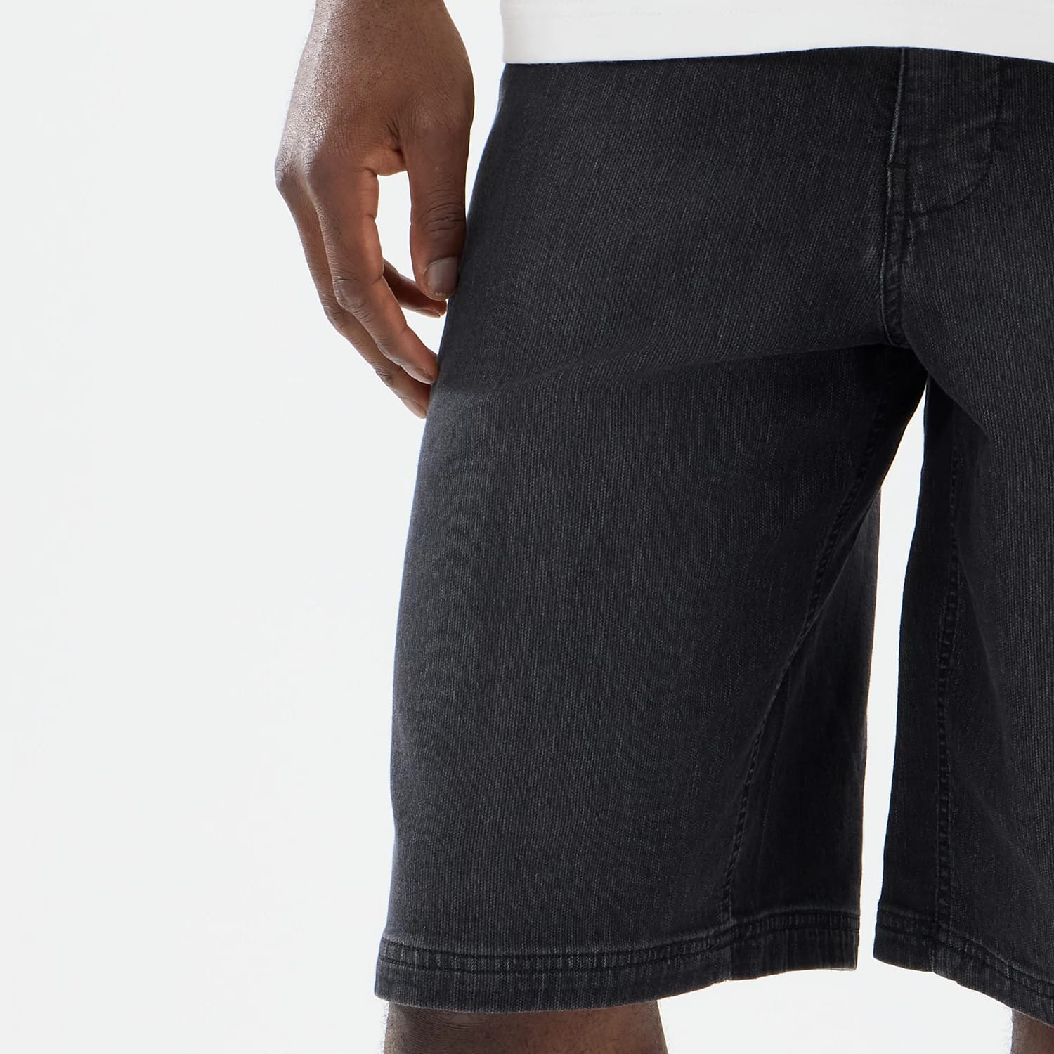 The model is wearing this New Era Washed Bermuda Shorts in black. 6