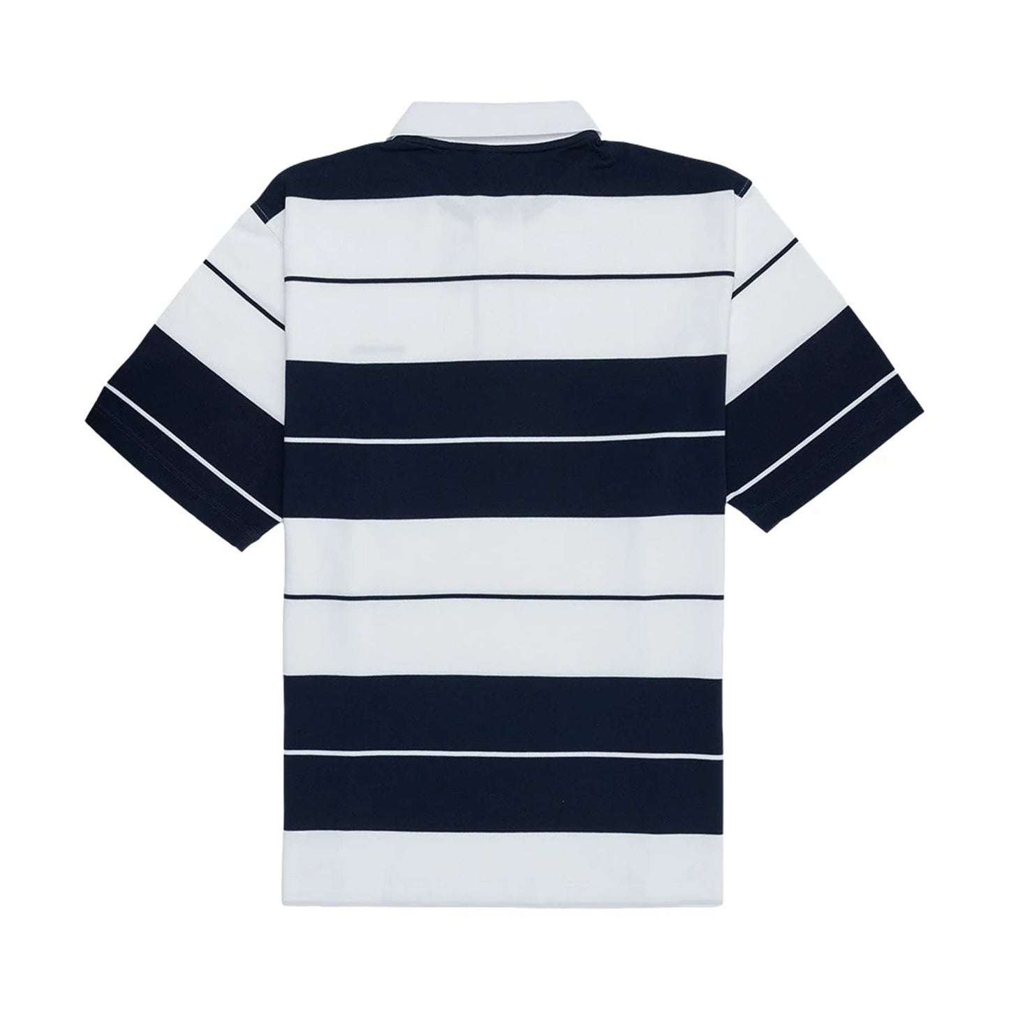 The model is wearing this New Era Stripe Polo T-Shirt in white. 2