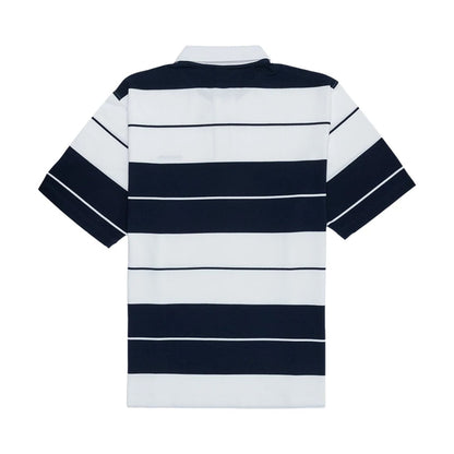 The model is wearing this New Era Stripe Polo T-Shirt in white. 2
