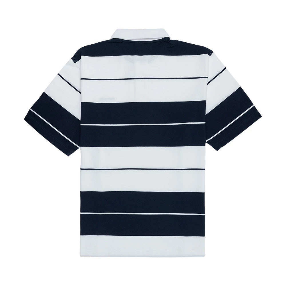 The model is wearing this New Era Stripe Polo T-Shirt in white. 6