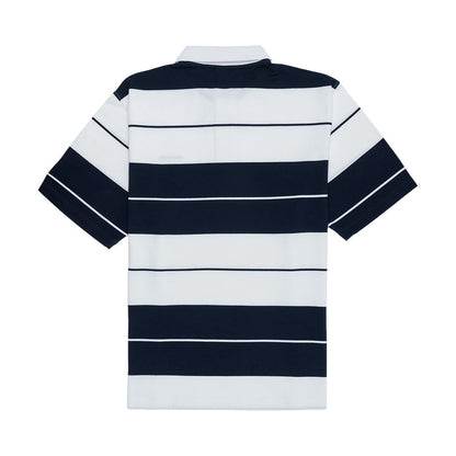 The model is wearing this New Era Stripe Polo T-Shirt in white. 6