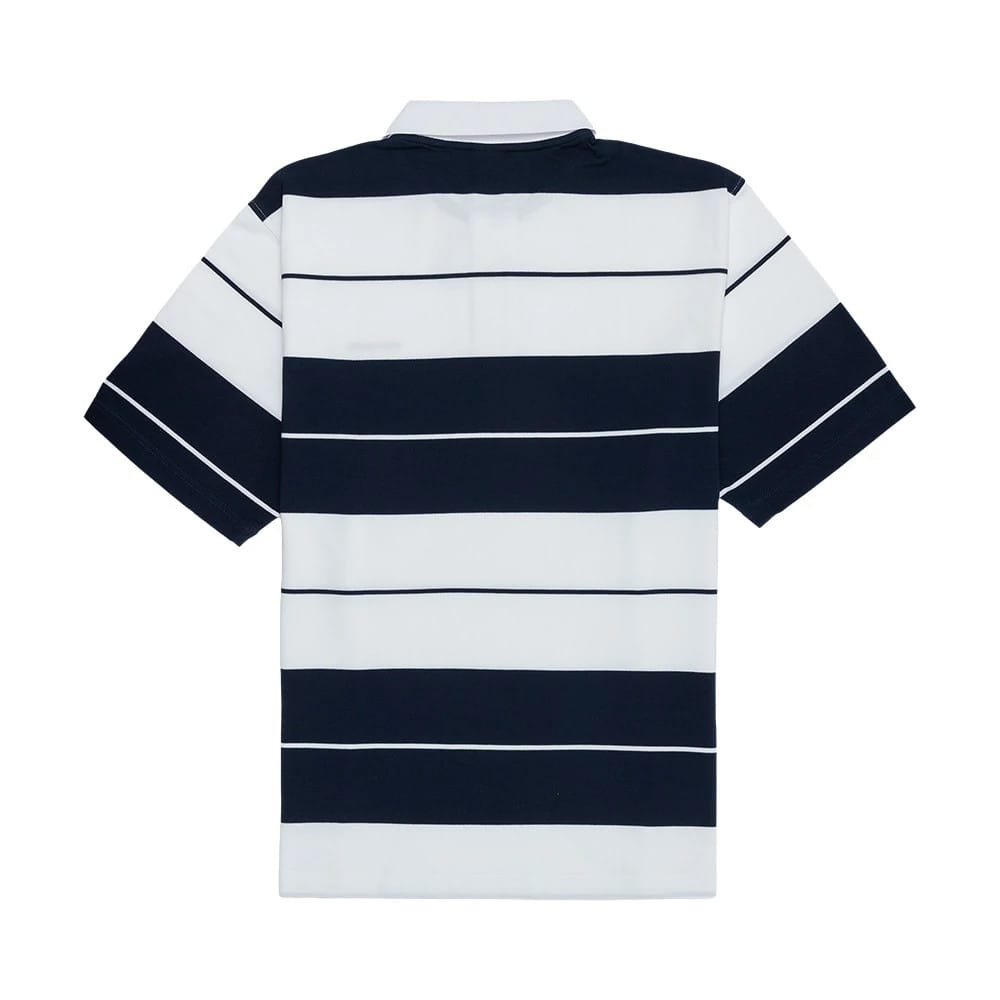 The model is wearing this New Era Stripe Polo T-Shirt in white. 6