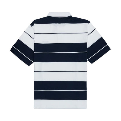 The model is wearing this New Era Stripe Polo T-Shirt in white. 6