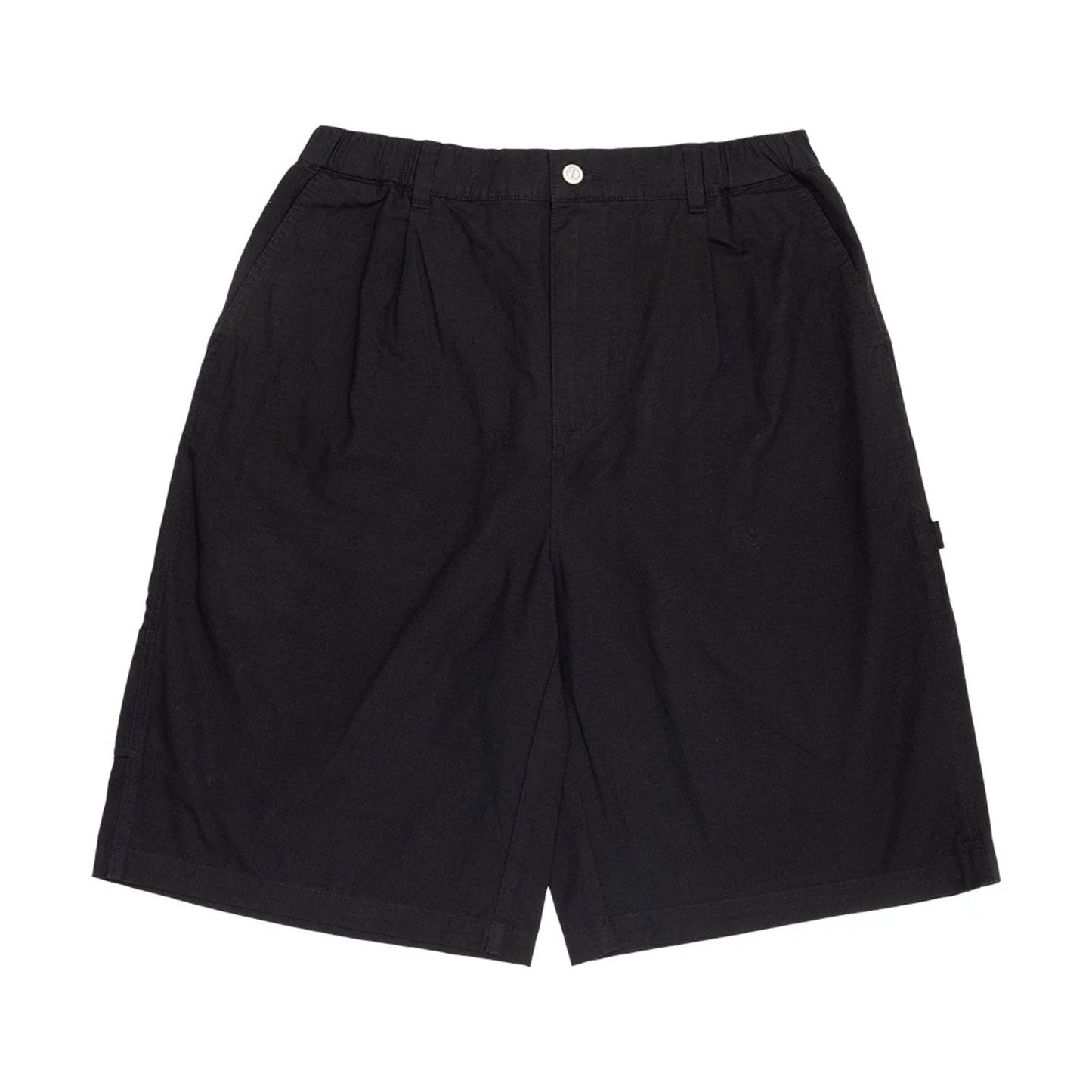 The model is wearing this New Era Canvas Bermuda Shorts in black. 1