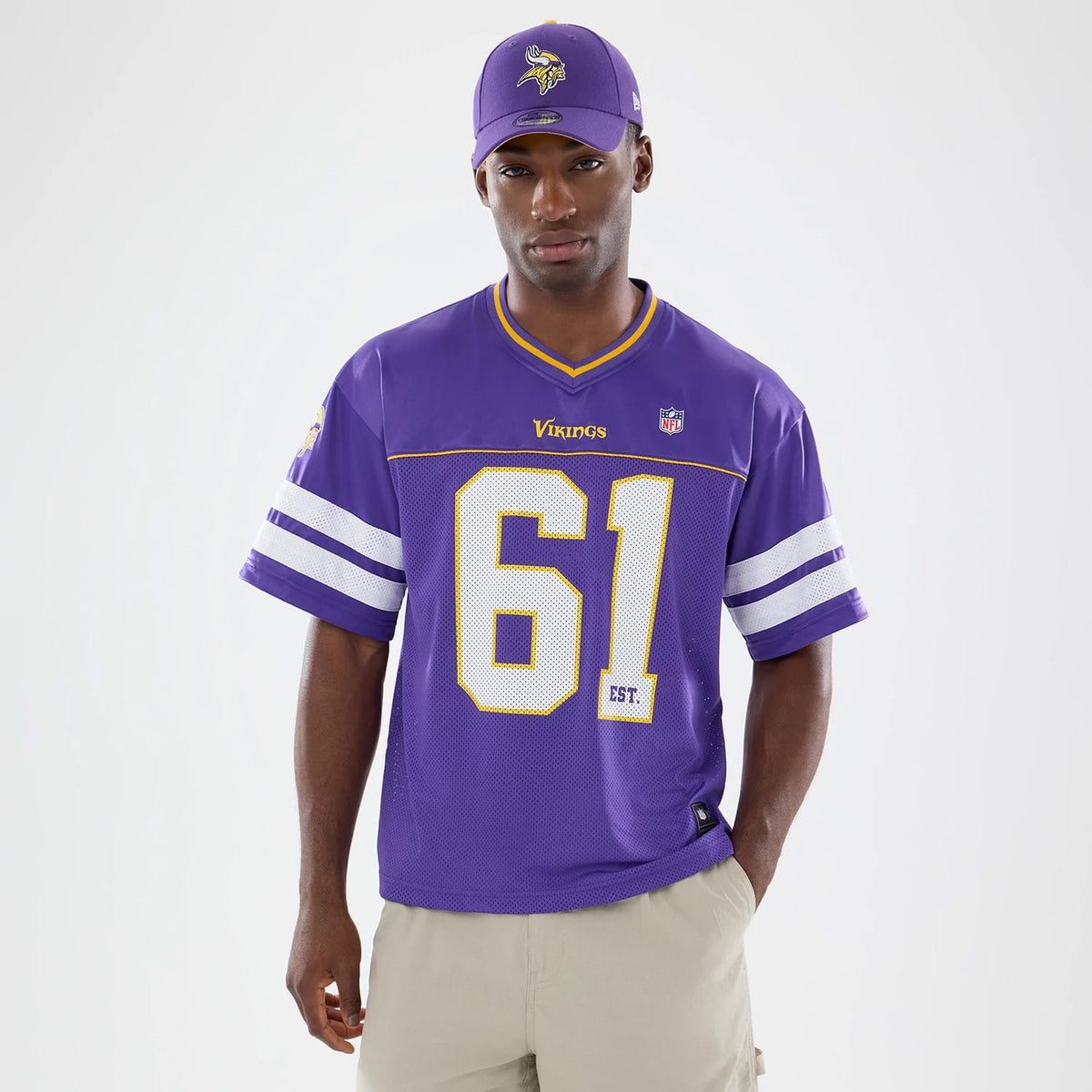 The model is wearing this NFL Minnesota Vikings Mesh Jersey in purple. 1