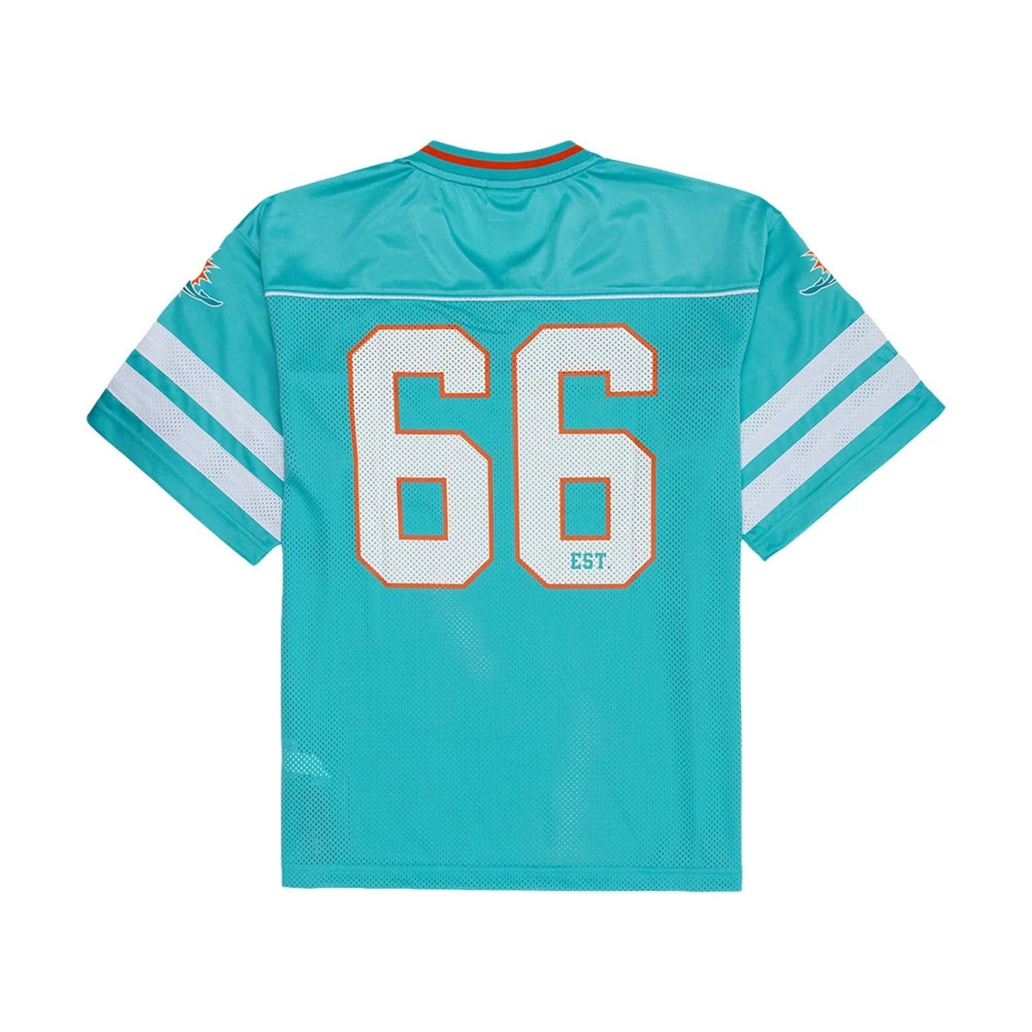 The model is wearing this NFL Miami Dolphins Mesh Jersey in turquoise. 2