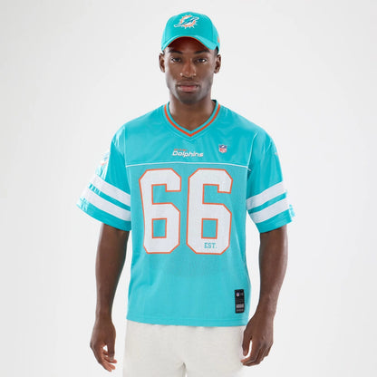 The model is wearing this NFL Miami Dolphins Mesh Jersey in turquoise. 1