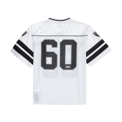 The model is wearing this NFL Las Vegas Raiders Mesh Jersey in white. 2