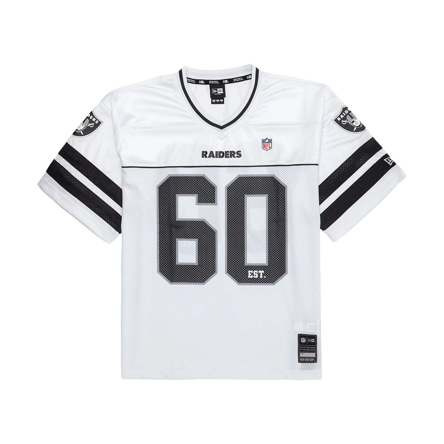 The model is wearing this NFL Las Vegas Raiders Mesh Jersey in white. 1
