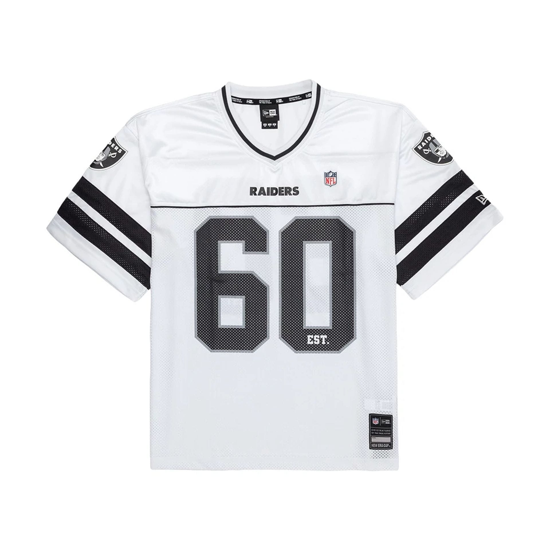 The model is wearing this NFL Las Vegas Raiders Mesh Jersey in white. 1