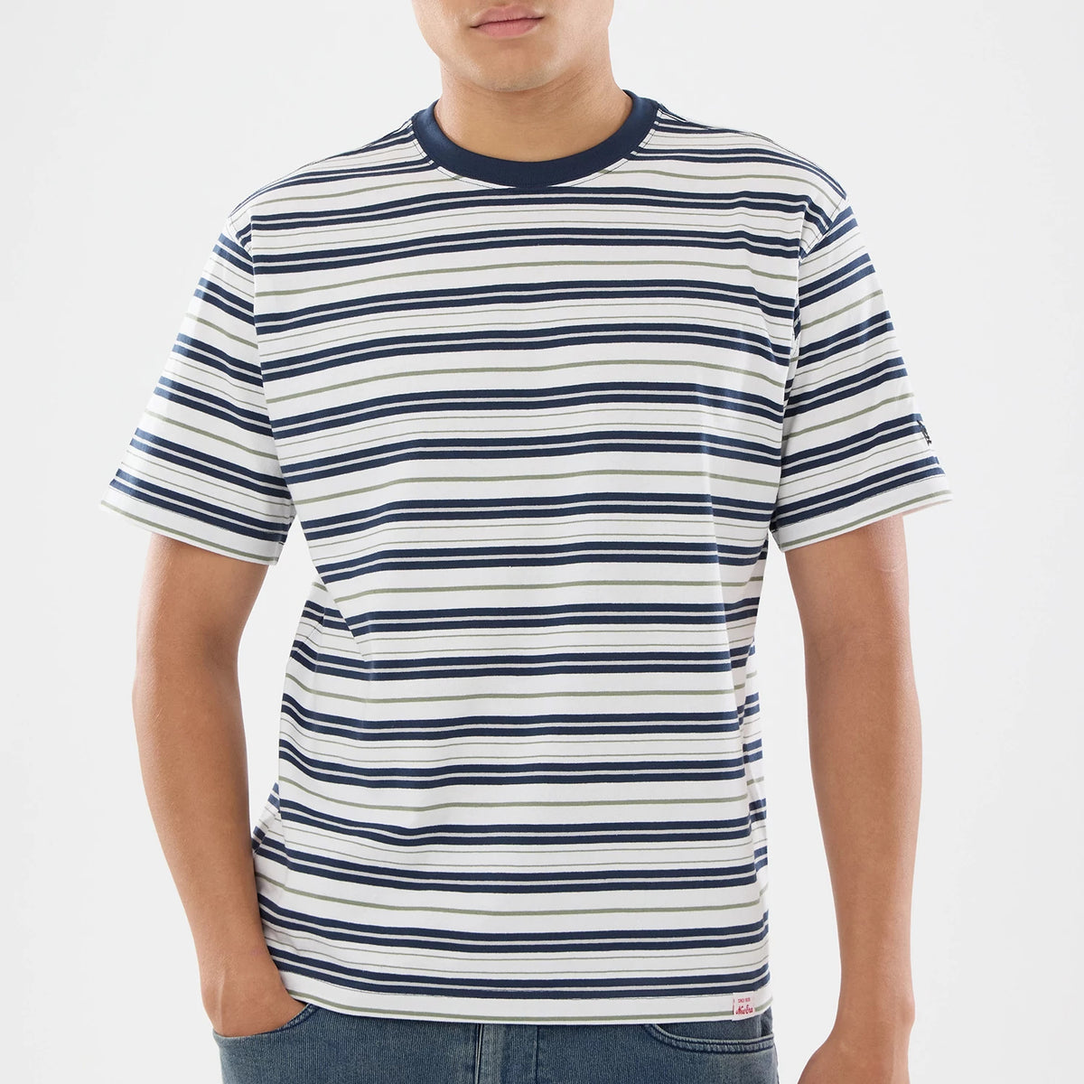 New Era Boarder Stripe White T-Shirt, front view showing horizontal navy and black stripes across a white background with a navy collar, short sleeves, and a small debossed logo on the left sleeve.