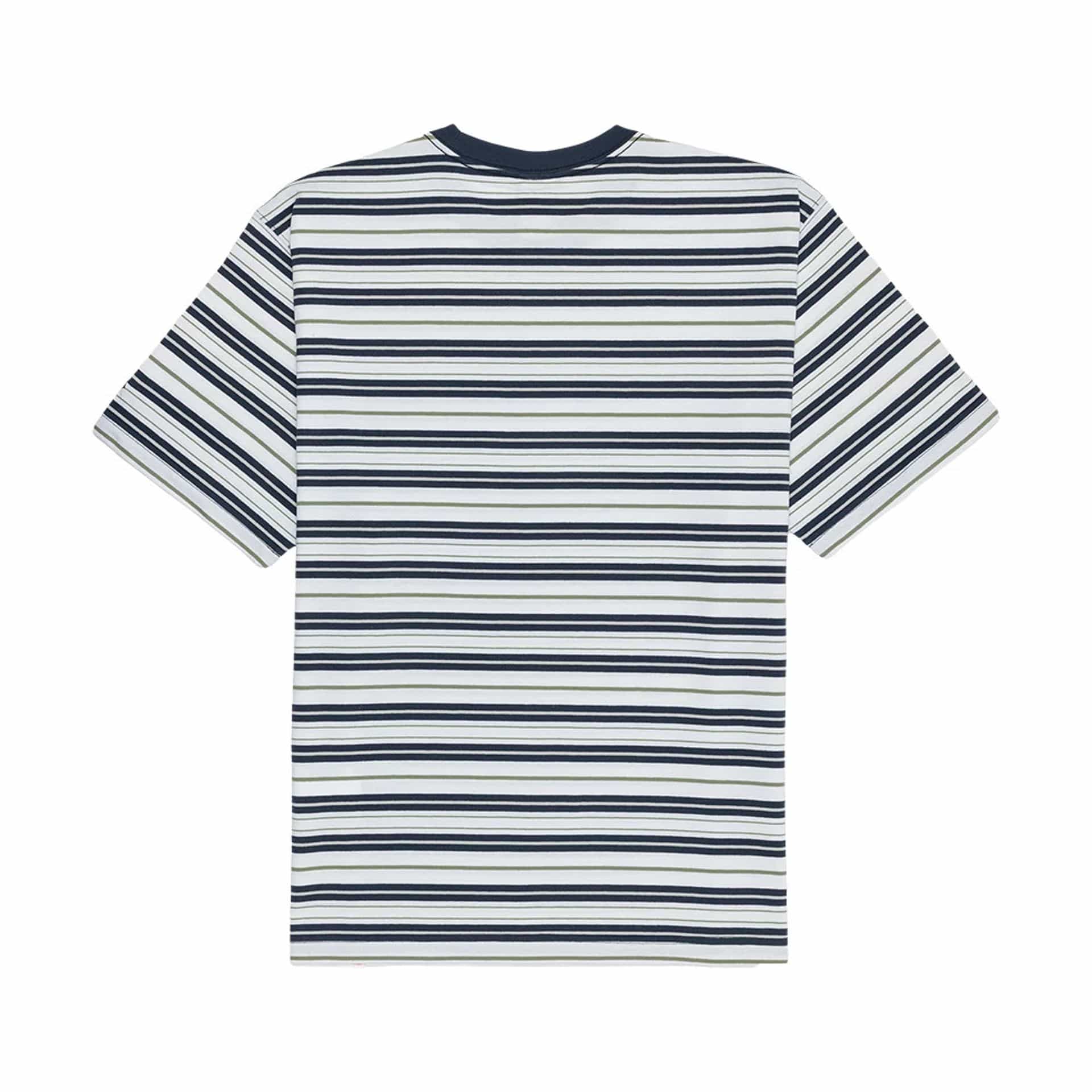 The model is wearing this New Era Boarder Stripe T-Shirt in white. 2