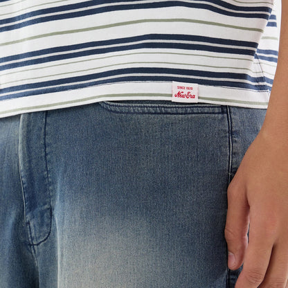 The model is wearing this New Era Boarder Stripe T-Shirt in white. 7
