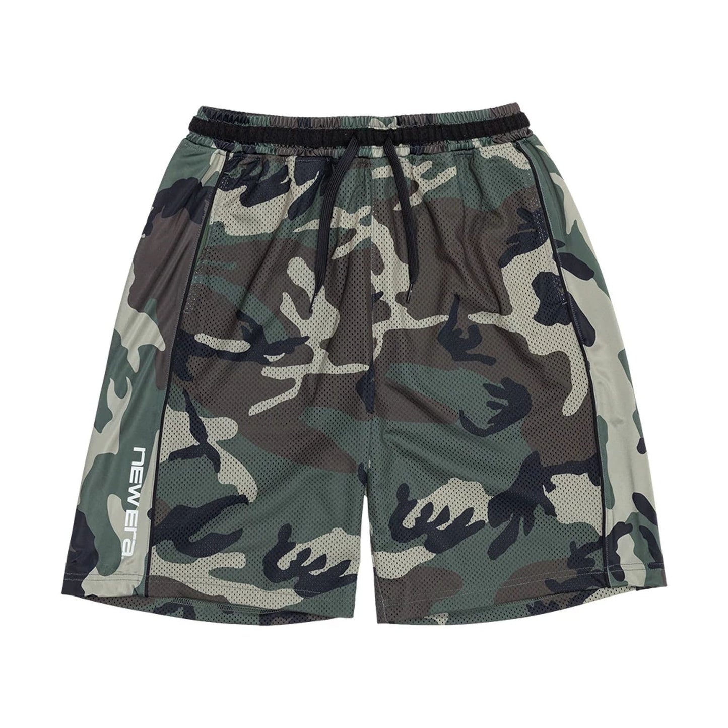 The model is wearing this New Era Bermuda Oversized Shorts in 6 Day Camo. 1