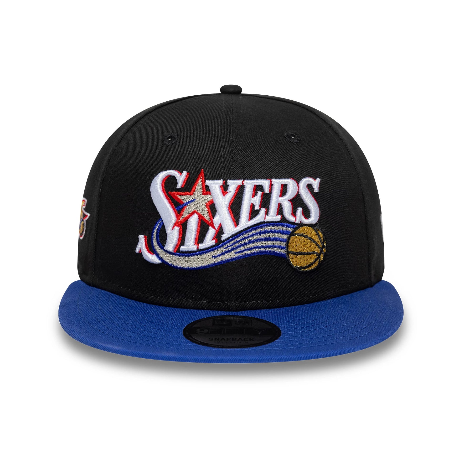 Pictured is this NBA Hardwood Classic Philadelphia 76ers 9FIFTY Snapback cap in black. 2