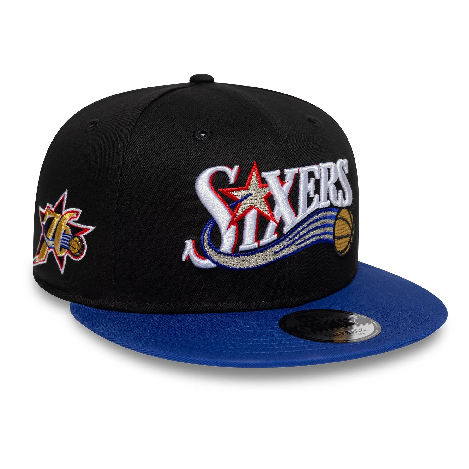 Pictured is this NBA Hardwood Classic Philadelphia 76ers 9FIFTY Snapback cap in black. 1