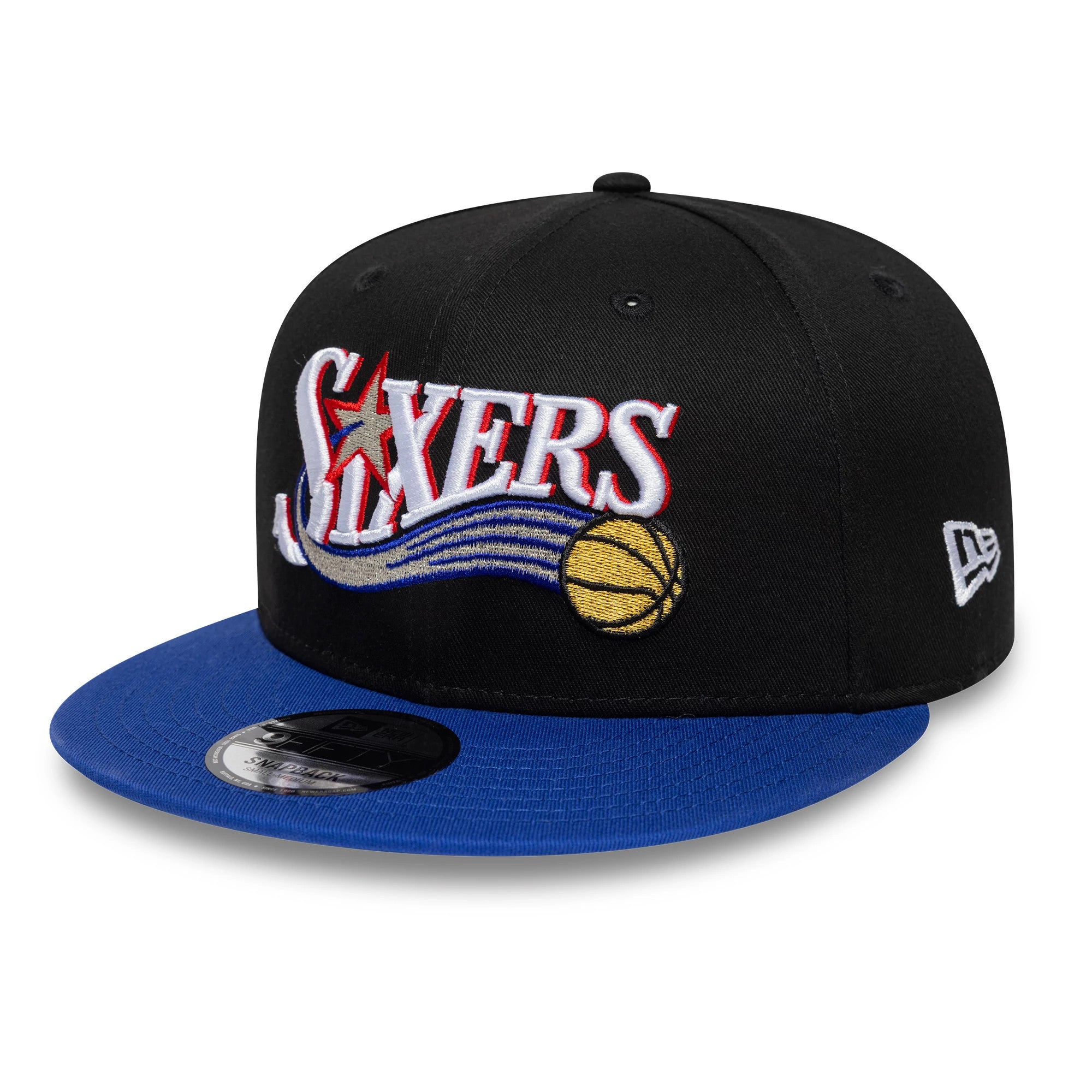 Pictured is this NBA Hardwood Classic Philadelphia 76ers 9FIFTY Snapback cap in black & blue. 3