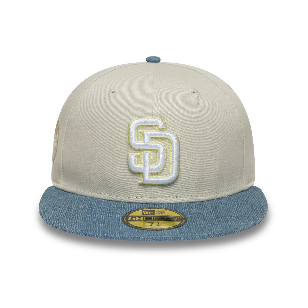 Pictured is this MLB Denim Mix San Diego Padres 59FIFTY Fitted cap in beige. 3