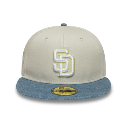 Pictured is this MLB Denim Mix San Diego Padres 59FIFTY Fitted cap in beige. 3