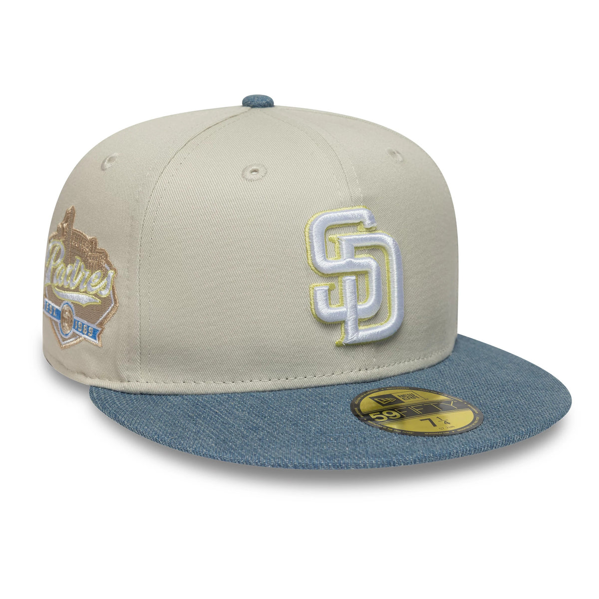 Pictured is this MLB Denim Mix San Diego Padres 59FIFTY Fitted cap in beige. 1