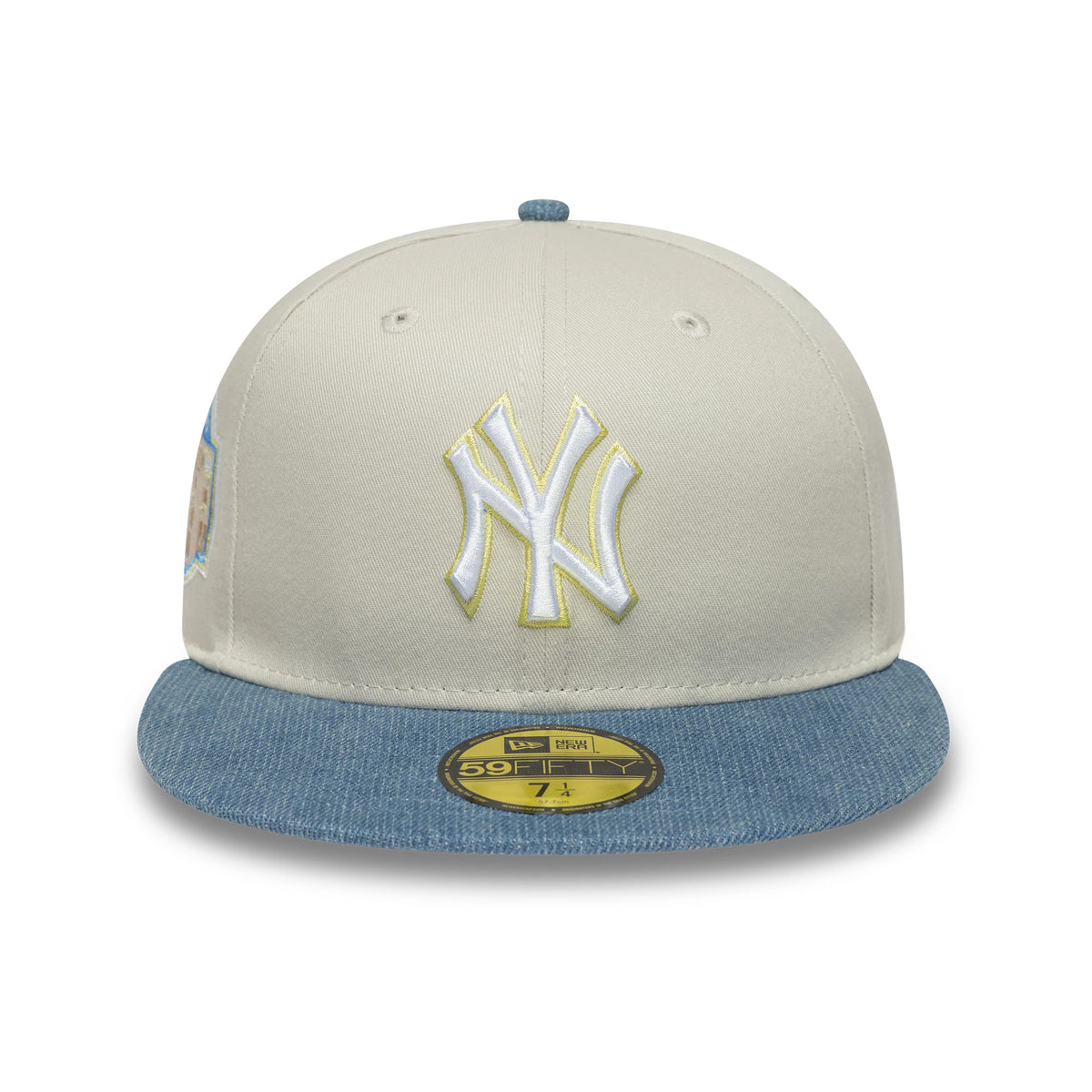 Pictured is this MLB Denim Mix New York Yankees 59FIFTY Fitted cap in beige. 3