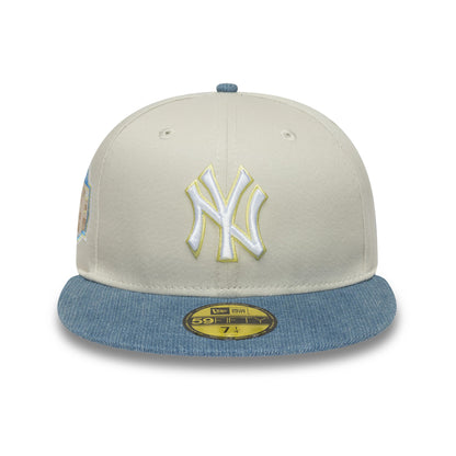 Pictured is this MLB Denim Mix New York Yankees 59FIFTY Fitted cap in beige. 3