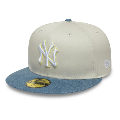 Pictured is this MLB Denim Mix New York Yankees 59FIFTY Fitted cap in beige. 4
