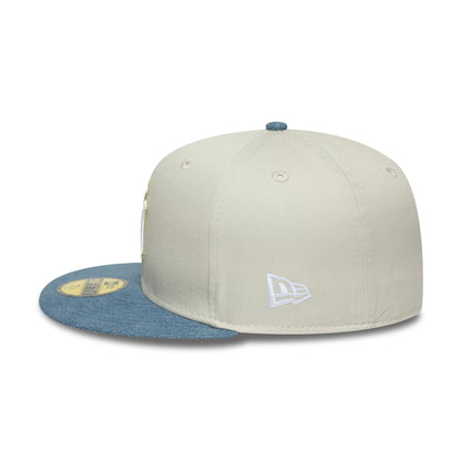 Pictured is this MLB Denim Mix New York Yankees 59FIFTY Fitted cap in beige. 6