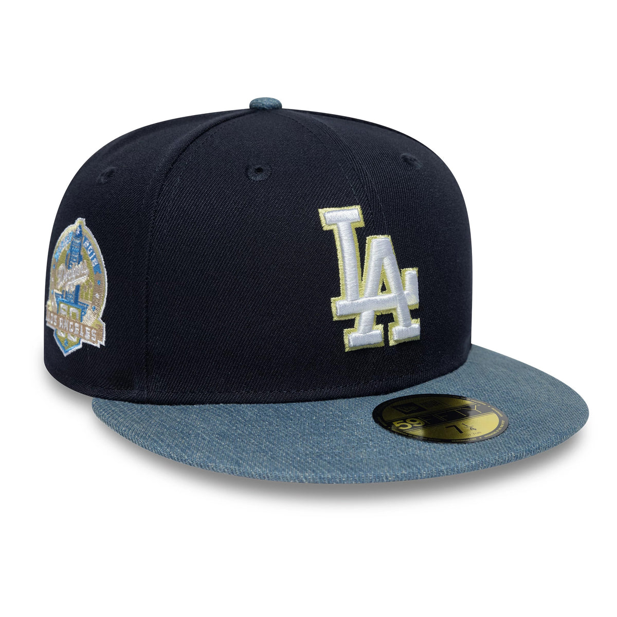 Pictured is this MLB Denim Mix LA Dodgers 59FIFTY Fitted cap in navy. 1