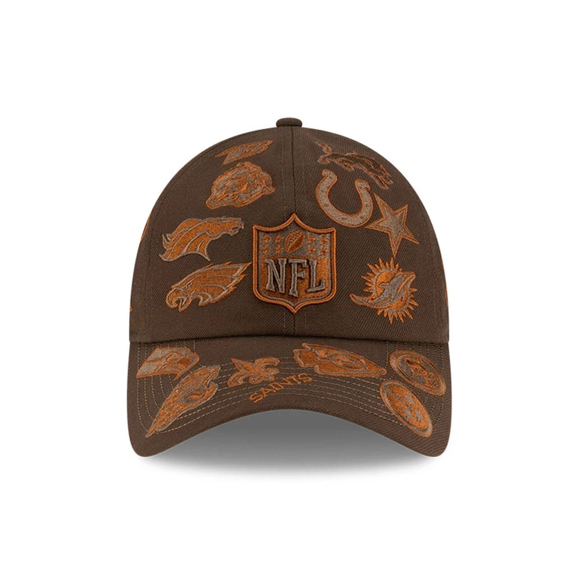 Pictured is this NFL X Bad Bunny All Over Logos Casual Classic cap in brown. 2