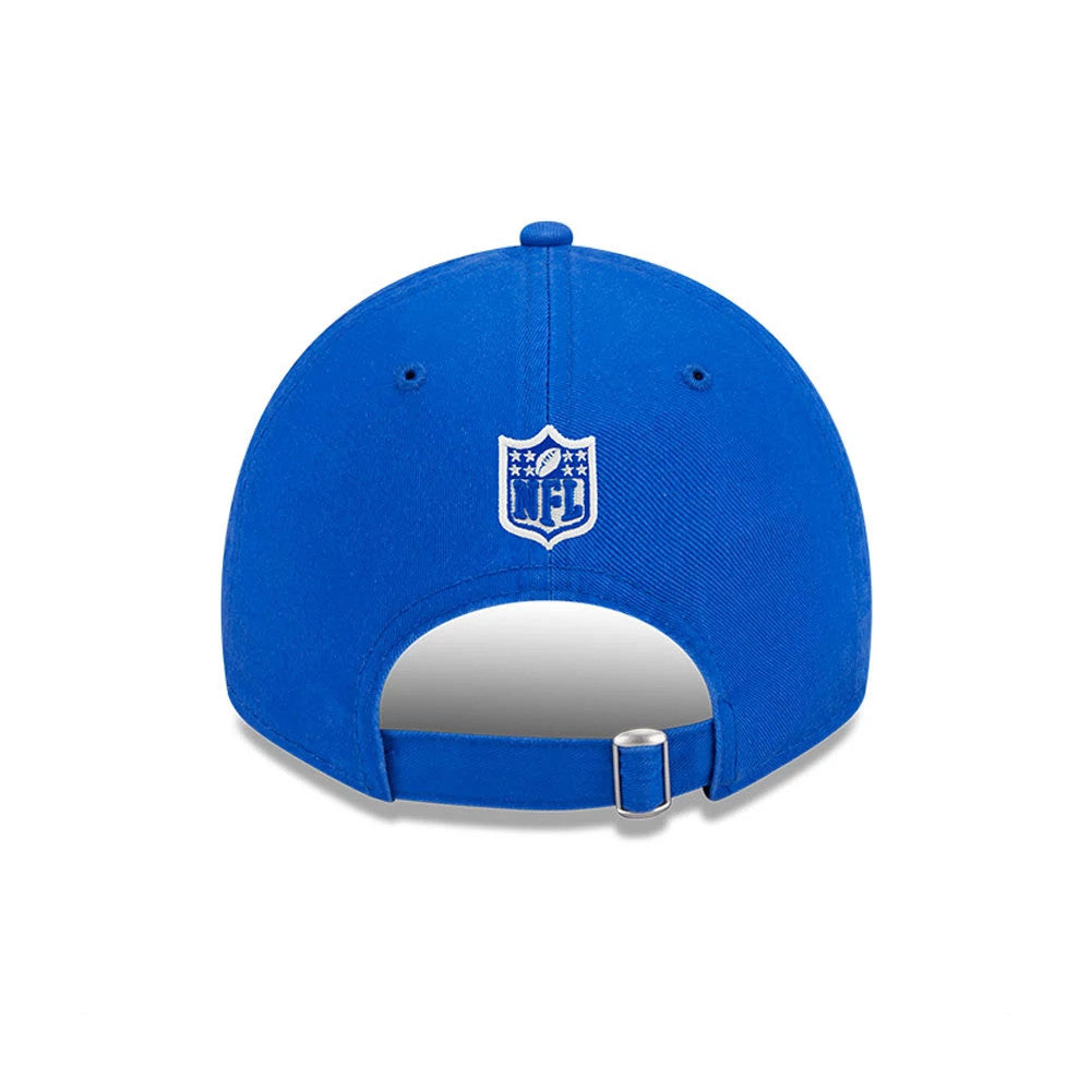 LA Rams NFL X Bad Bunny Bright Blue Casual Classic Adjustable Cap, rear view showing the white NFL shield logo embroidered at the centre of the back panels, with an adjustable strap and metal buckle below.