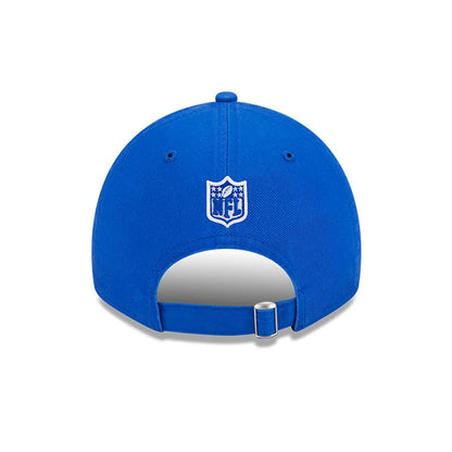 LA Rams NFL X Bad Bunny Bright Blue Casual Classic Adjustable Cap, rear view showing the white NFL shield logo embroidered at the centre of the back panels, with an adjustable strap and metal buckle below.
