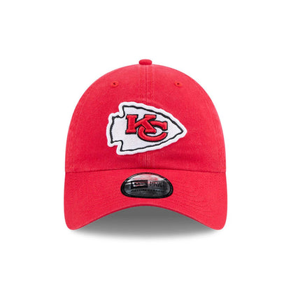 Kansas City Chiefs NFL X Bad Bunny Red Casual Classic Adjustable Cap, front view showing the raised embroidered Chiefs logo on the front panel, with a black New Era Casual Classic size sticker on the red curved visor.