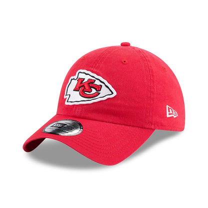 Kansas City Chiefs NFL X Bad Bunny Red New Era Casual Classic Adjustable Cap, front view showing the raised red KC logo on a white arrowhead background on the front panel, and the New Era flag logo embroidered in white on the left side.
