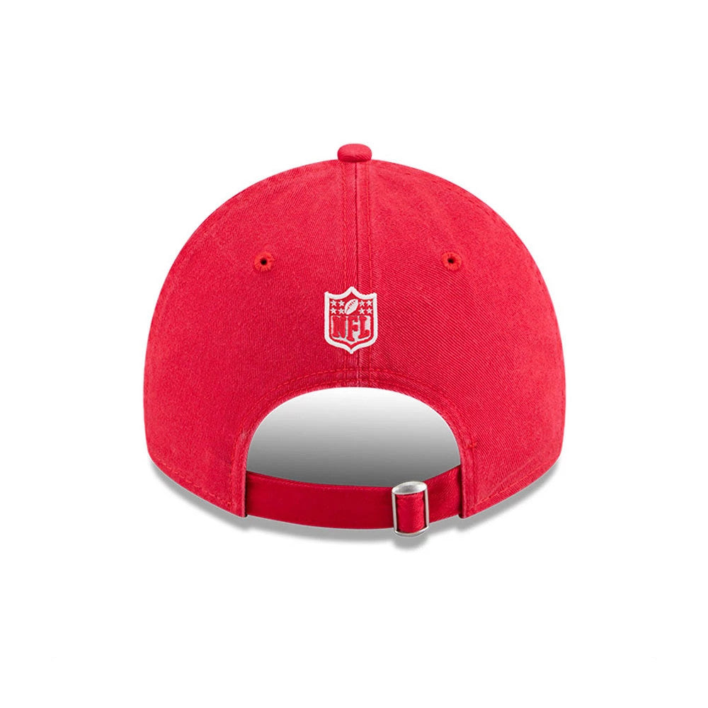 Kansas City Chiefs NFL X Bad Bunny Red New Era Casual Classic Adjustable Cap, rear view showing the white embroidered NFL logo centred on the back panels, with a red adjustable strap and silver buckle underneath.