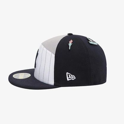 Pictured is this MLB 59FIFTY Day New York Yankees Split Panel 59FIFTY Fitted cap in navy. 5