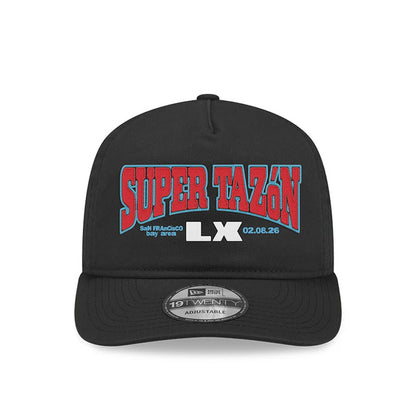 NFL X Bad Bunny Super Tazon LX 2026 Black New Era 19TWENTY Adjustable Cap, front view showing raised red Super Tazon lettering on the structured black crown, with a 19TWENTY size sticker on the black flat visor.