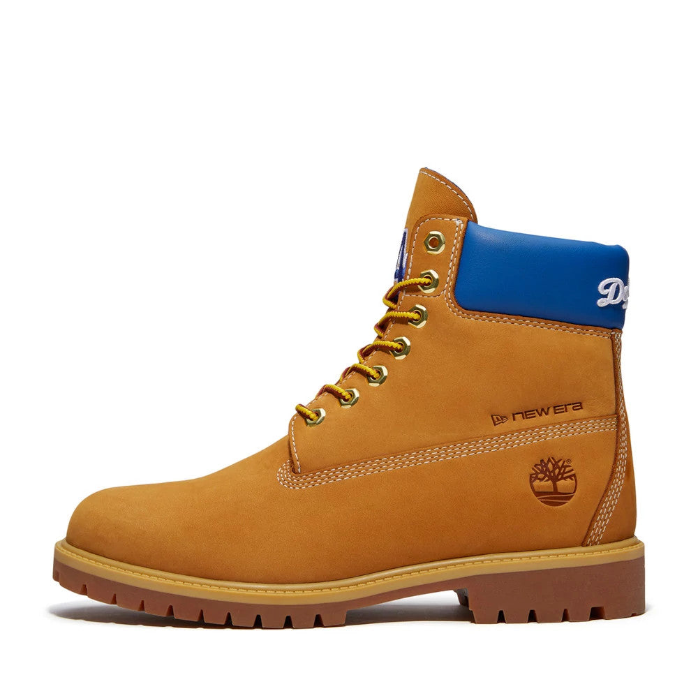 Pictured are these Timberland X New Era LA Dodgers Premium Waterproof 6-Inch Boots in Panama Tan. 4