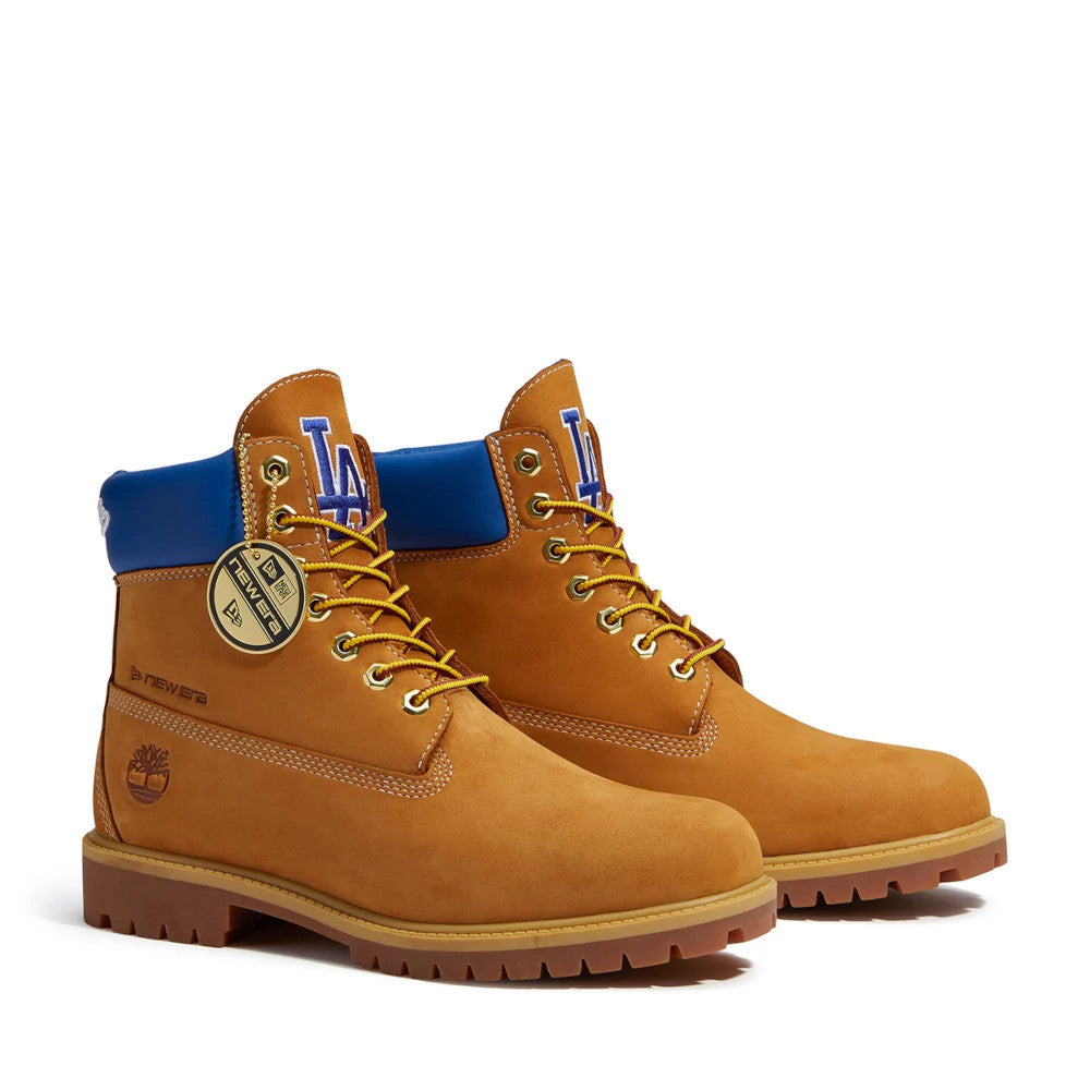 Pictured are these Timberland X New Era LA Dodgers Premium Waterproof 6-Inch Boots in Panama Tan. 1