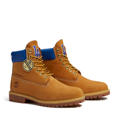 Pictured are these Timberland X New Era LA Dodgers Premium Waterproof 6-Inch Boots in Panama Tan. 1