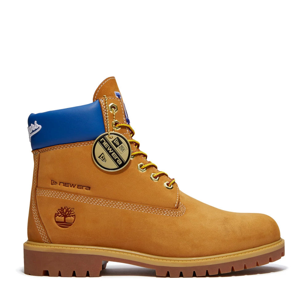 Pictured are these Timberland X New Era LA Dodgers Premium Waterproof 6-Inch Boots in Panama Tan. 5