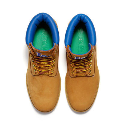 Pictured are these Timberland X New Era LA Dodgers Premium Waterproof 6-Inch Boots in Panama Tan. 6