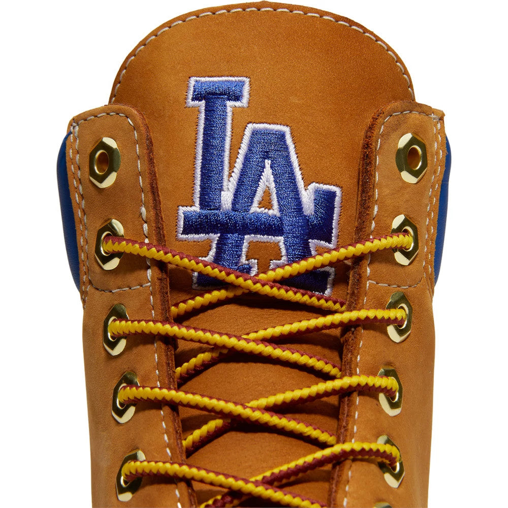 Pictured are these Timberland X New Era LA Dodgers Premium Waterproof 6-Inch Boots in Panama Tan. 7